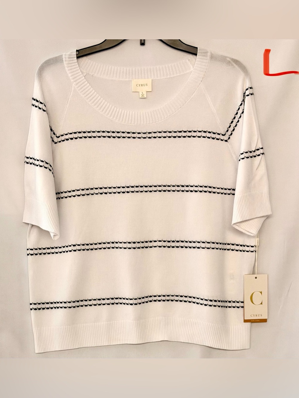 Cyrus White Knit Crew with Black Contrast Stitching